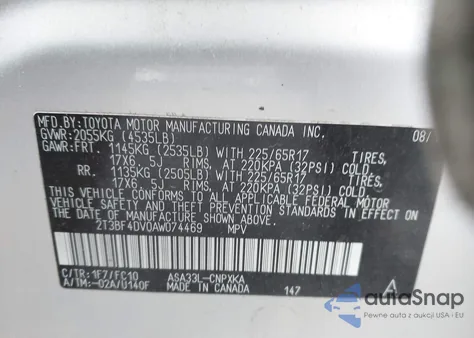 2010 Toyota Rav4 from USA, damaged, VIN 2T3BF4DV0AW074469